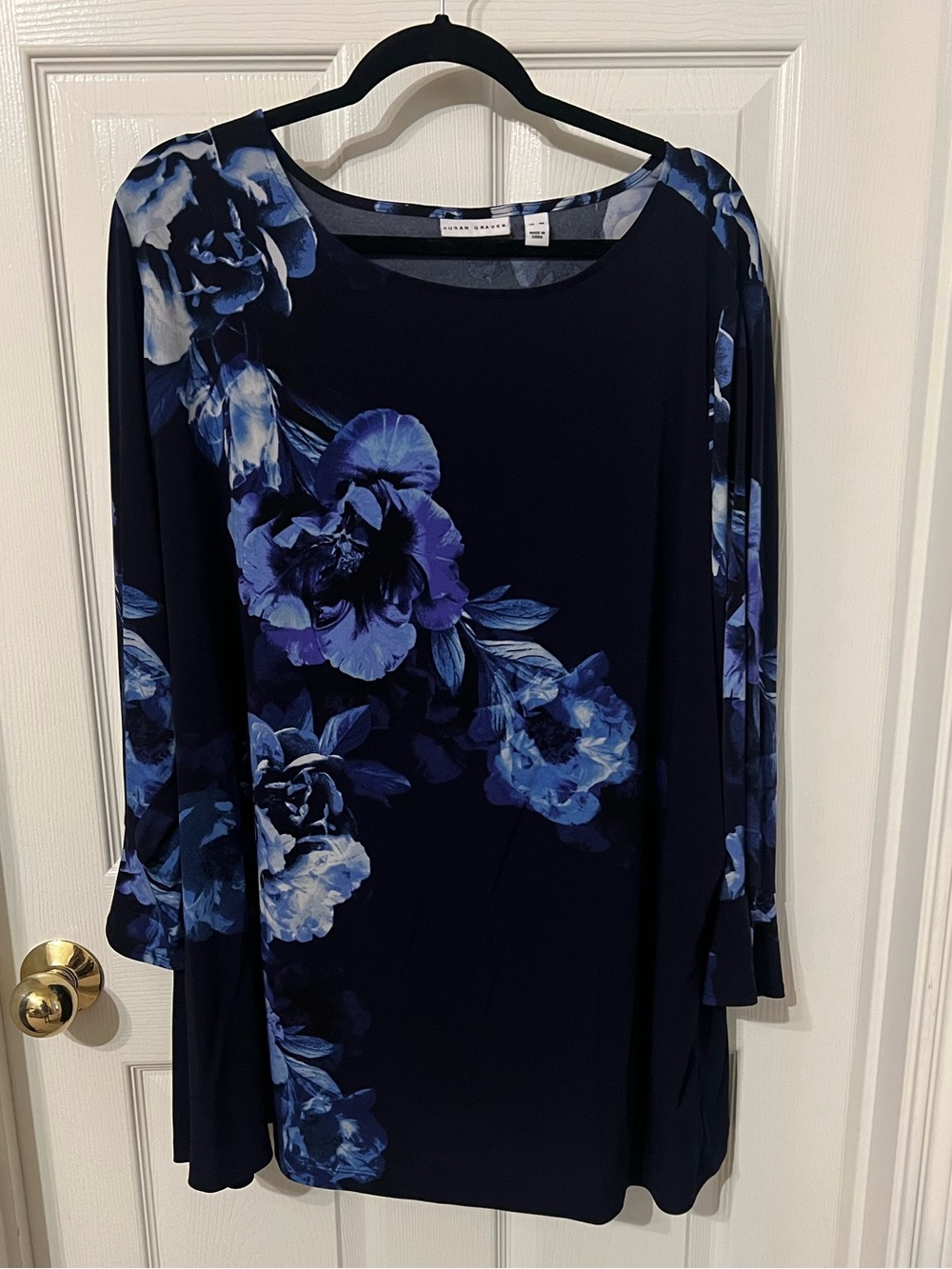 Navy Blue Floral Long-Sleeve Women's Blouse